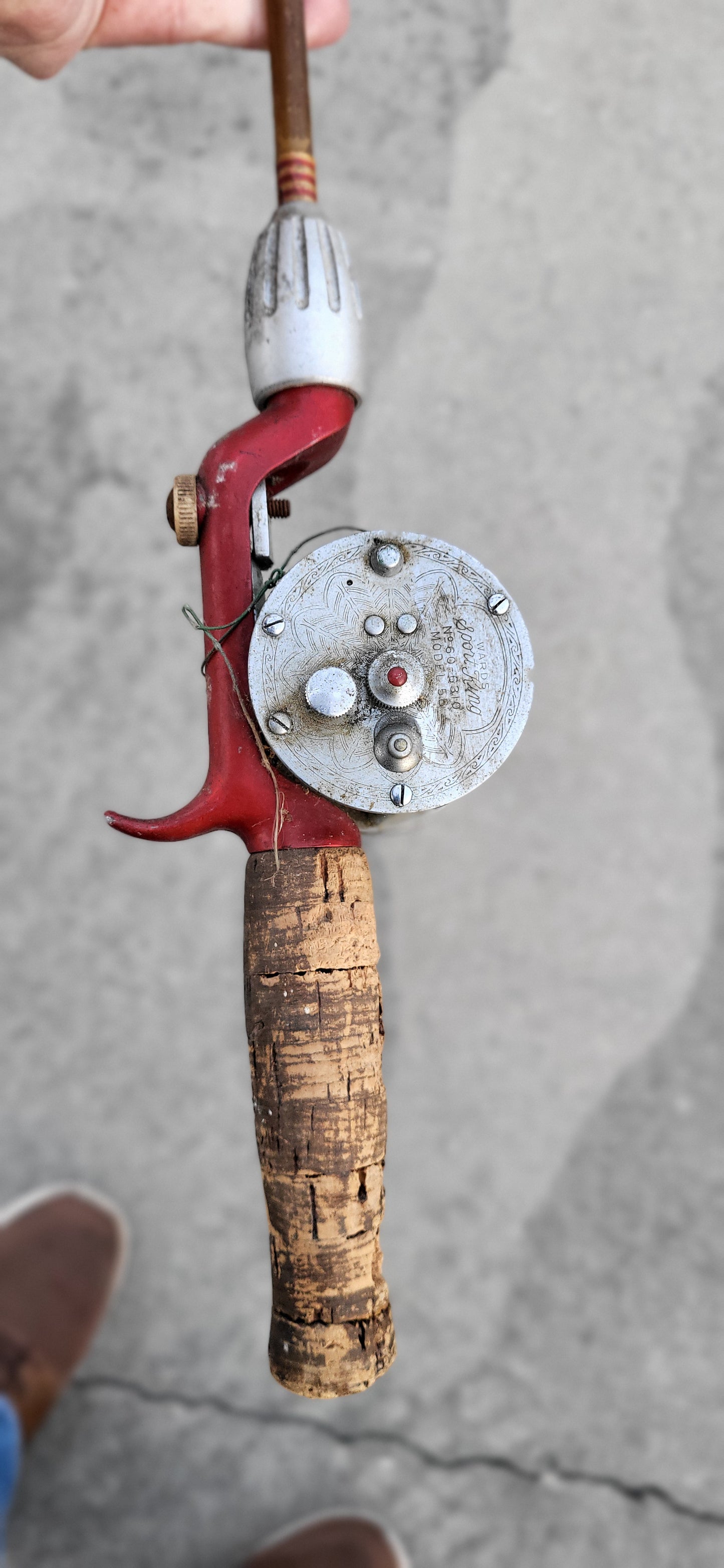 Vintage Fishing Reel and Solid Glass Rod. Montgomery Ward No. 69 6310 Model 5B Reel. 5 ft total length of Rod. Reel Made by Shakespeare.