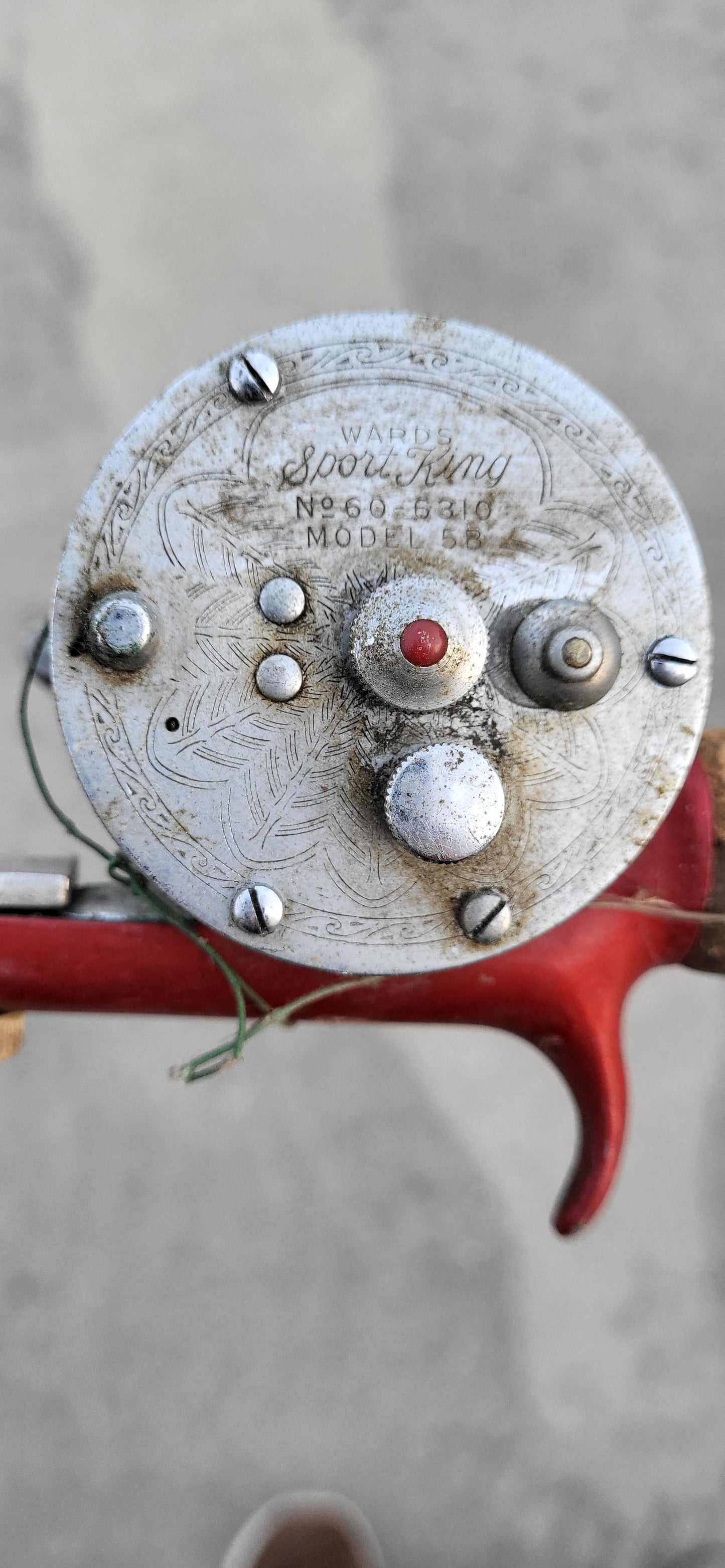 Vintage Fishing Reel and Solid Glass Rod. Montgomery Ward No. 69 6310 Model 5B Reel. 5 ft total length of Rod. Reel Made by Shakespeare.