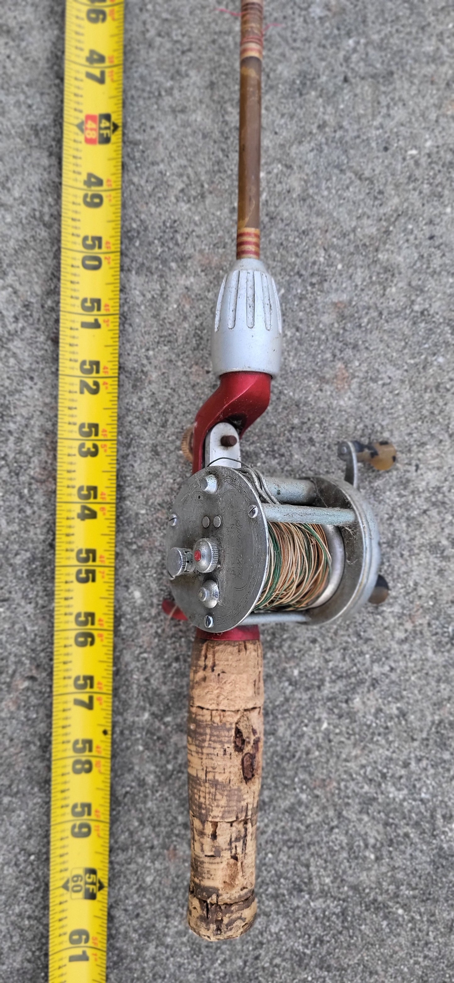 Vintage Fishing Reel and Solid Glass Rod. Montgomery Ward No. 69 6310 Model 5B Reel. 5 ft total length of Rod. Reel Made by Shakespeare.