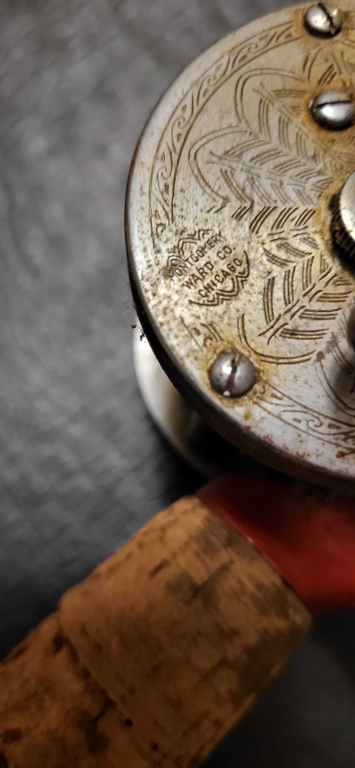 Vintage Fishing Reel and Solid Glass Rod. Montgomery Ward No. 69 6310 Model 5B Reel. 5 ft total length of Rod. Reel Made by Shakespeare.