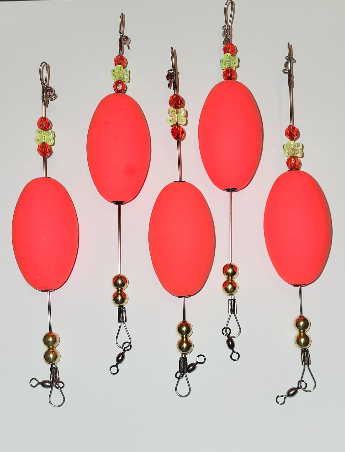 Popping Float Rigs, 5 Rigs, Bright Red, 2-1/2" Oval Floats. Choose Wire or the New Monofilament Leaders, 9 and 10 inch lengths.