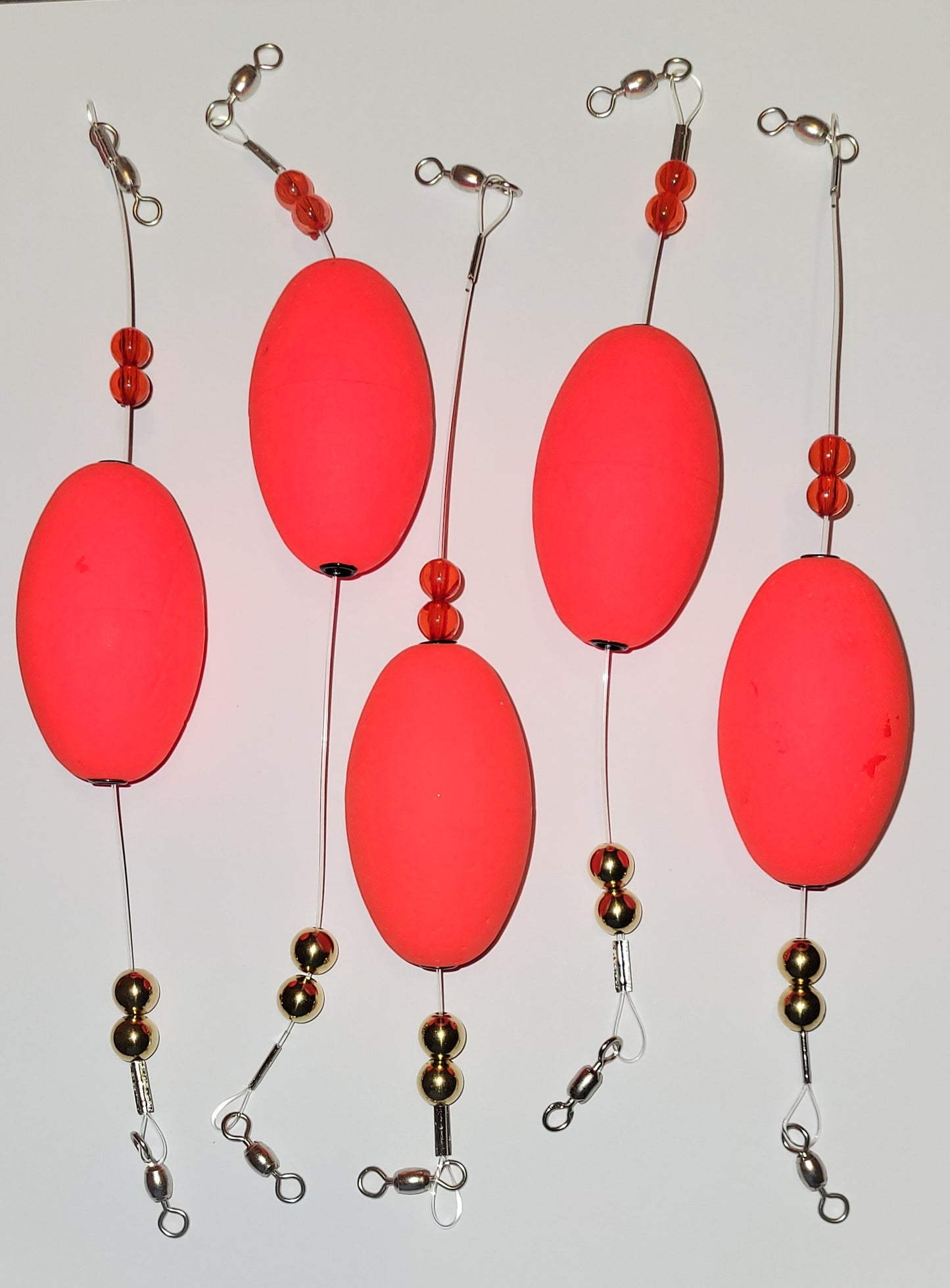 Popping Float Rigs, 5 Rigs, Bright Red, 2-1/2" Oval Floats. Choose Wire or the New Monofilament Leaders, 9 and 10 inch lengths.