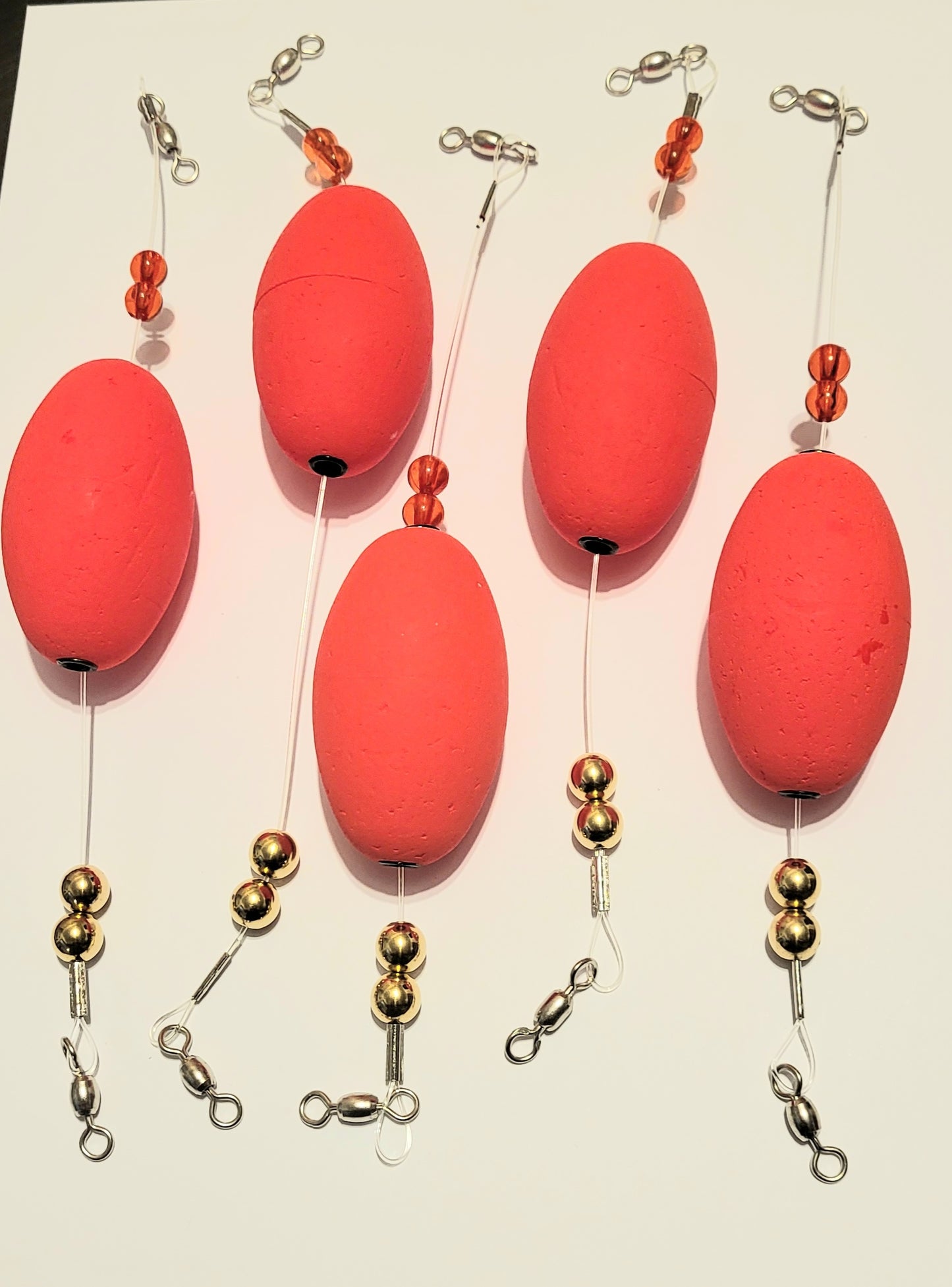 Popping Float Rigs, 5 Rigs, Bright Red, 2-1/2" Oval Floats. Choose Wire or the New Monofilament Leaders, 9 and 10 inch lengths.