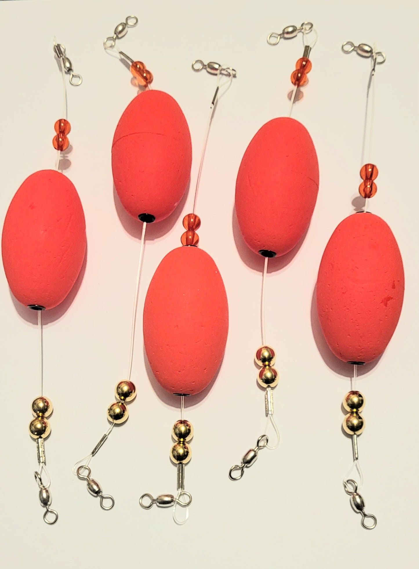 Popping Float Rigs, 5 Rigs, Bright Red, 2-1/2" Oval Floats. Choose Wire or the New Monofilament Leaders, 9 and 10 inch lengths.