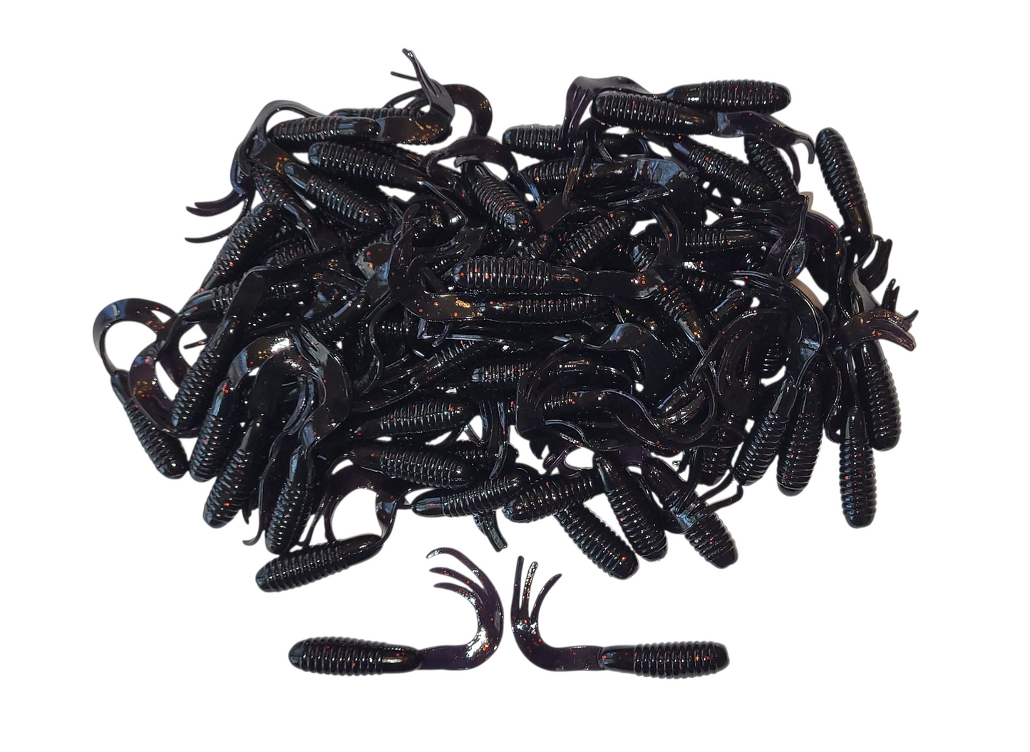 Triple Tail Tri-Tip Smoke Black Red Flash Color 2 inch 100 Pack Curl Tail Grubs