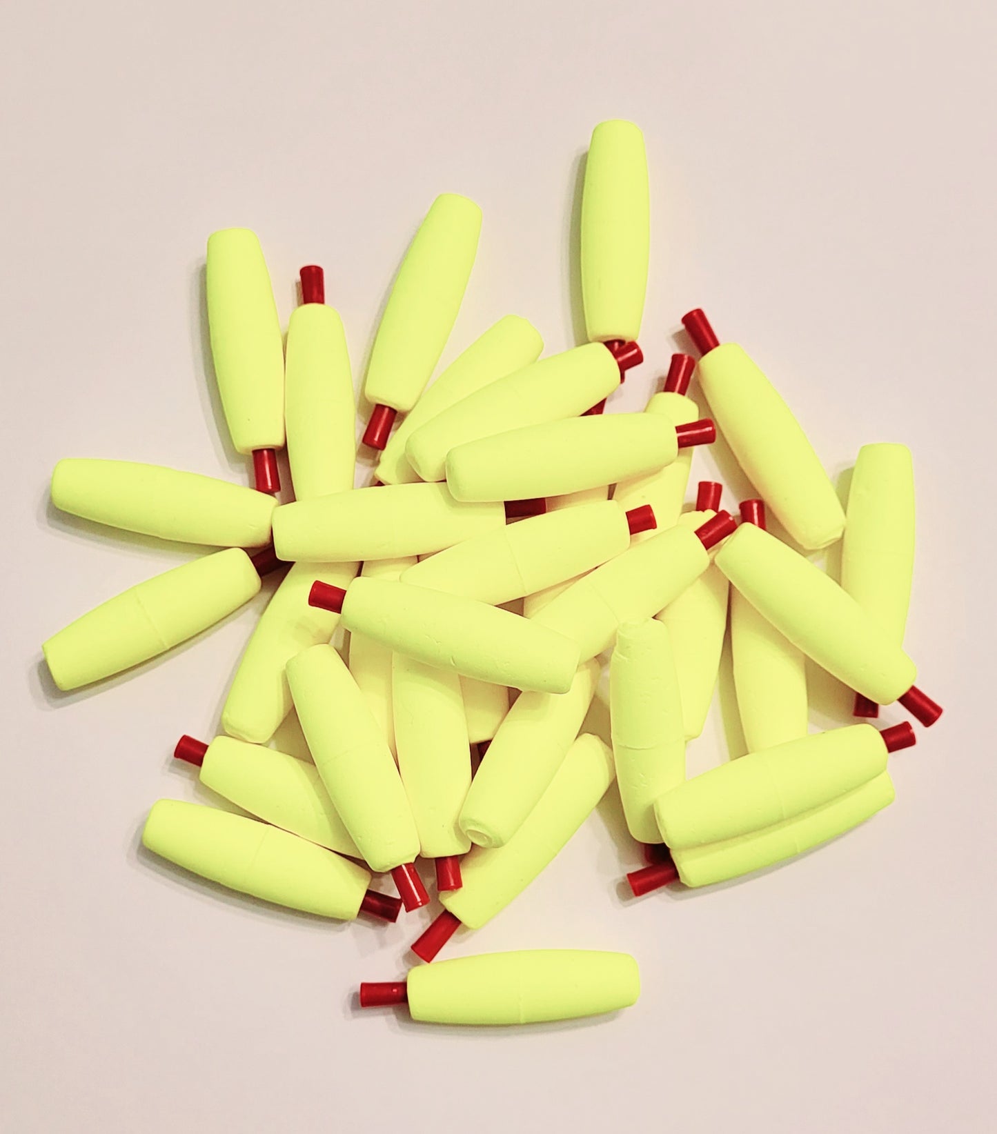 24 of the 1-1/2 inch Slim Small Diameter, Bright Yellow (Chartreuse), Cigar Styrofoam Float, Solid Peg