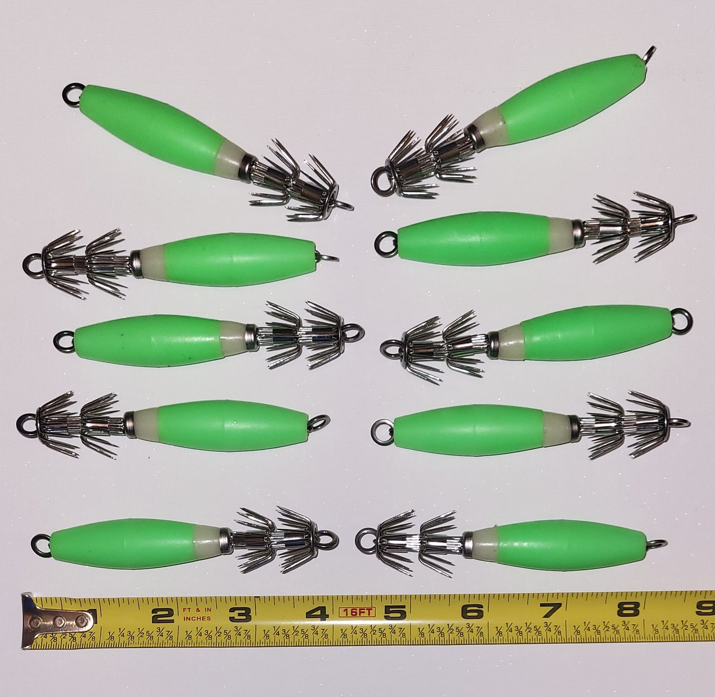 10 Bright Green Squid / Octopus Jigs 32 Super Sharp Prongs 4" Approximate Overall Length