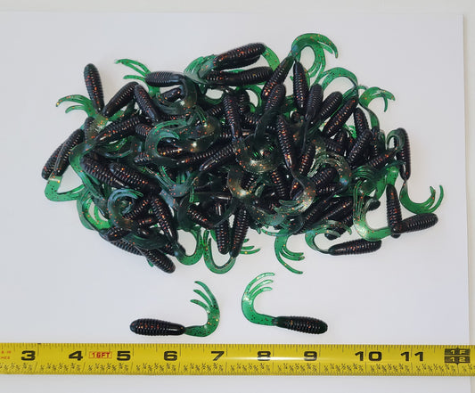 Triple Tail Tri-Tip Black Green Flash Color 2 inch 100 Pack Curl Tail Grubs