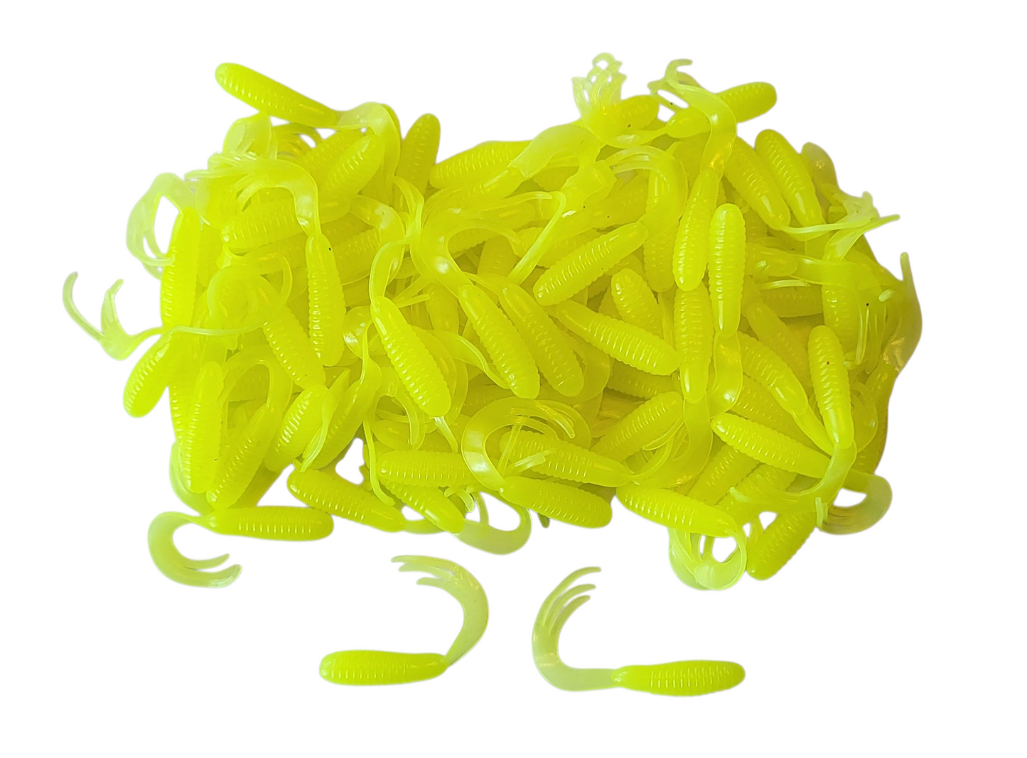 Triple Tail Tri-Tip Chartreuse Color 2 inch 100 Pack Curl Tail Grubs