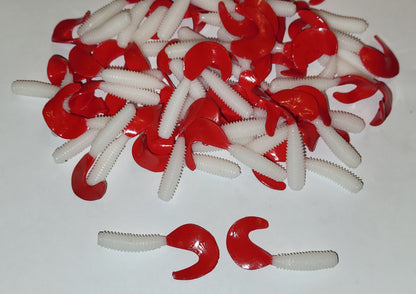 White Red 2 inch Soft Plastic Curl Tail Grubs