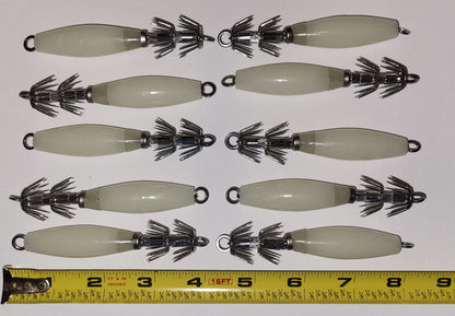 10 Glow Squid / Octopus Jigs 32 Super Sharp Prongs 4" Approximate Overall Length